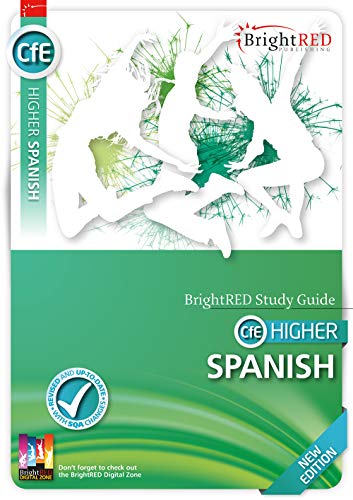 BrightRED Higher Spanish study guide cover with abstract figures and text.