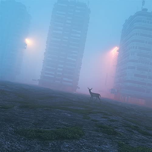 Deer stands in a foggy, urban landscape with tall buildings.