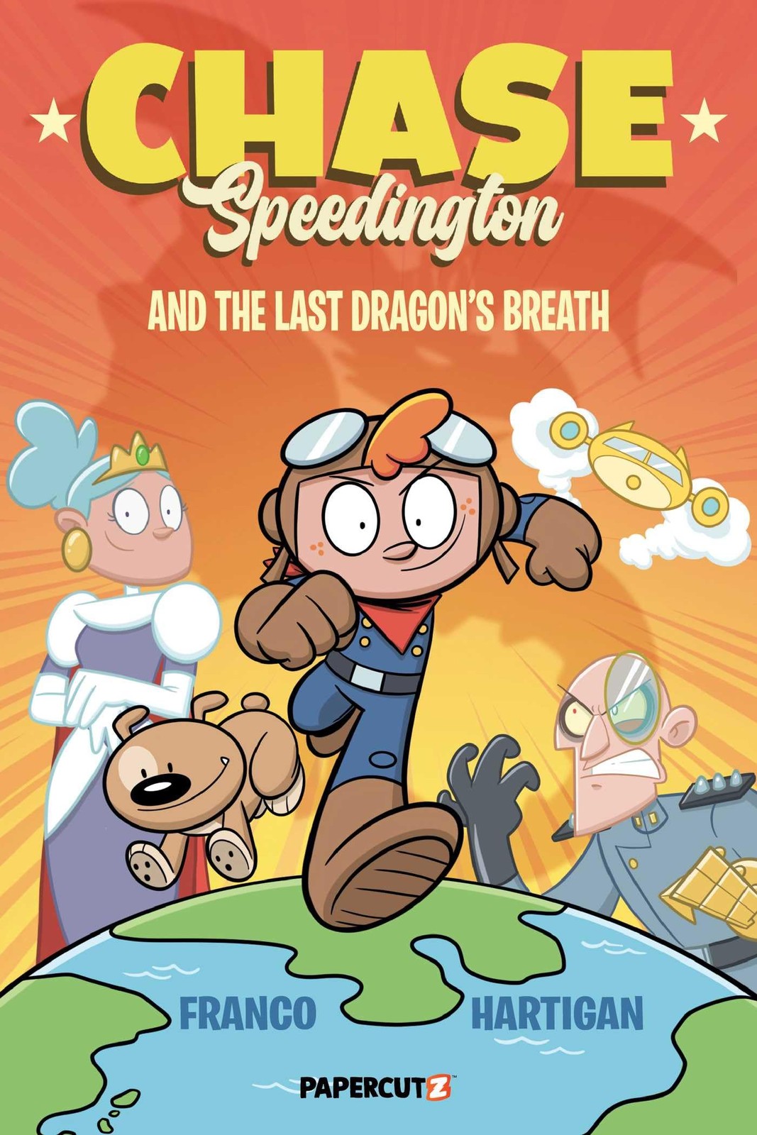 Cartoon book cover featuring a boy, a dog, and fantastical creatures.
