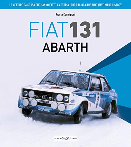 Blue Fiat 131 Abarth rally car on a snowy mountain road.