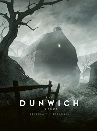 A foggy, monochromatic illustration of a dark, rustic farmhouse with a glowing attic window.