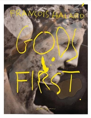 Book cover with abstract face and yellow text: "Gods First".