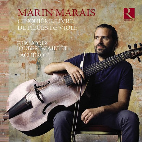 Man playing a viola da gamba, album cover for Marin Marais.