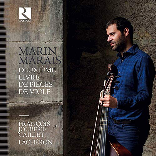 Man holding a viola da gamba, album cover for Marin Marais music.