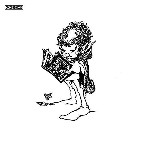 Black and white illustration of a vampire reading a book.