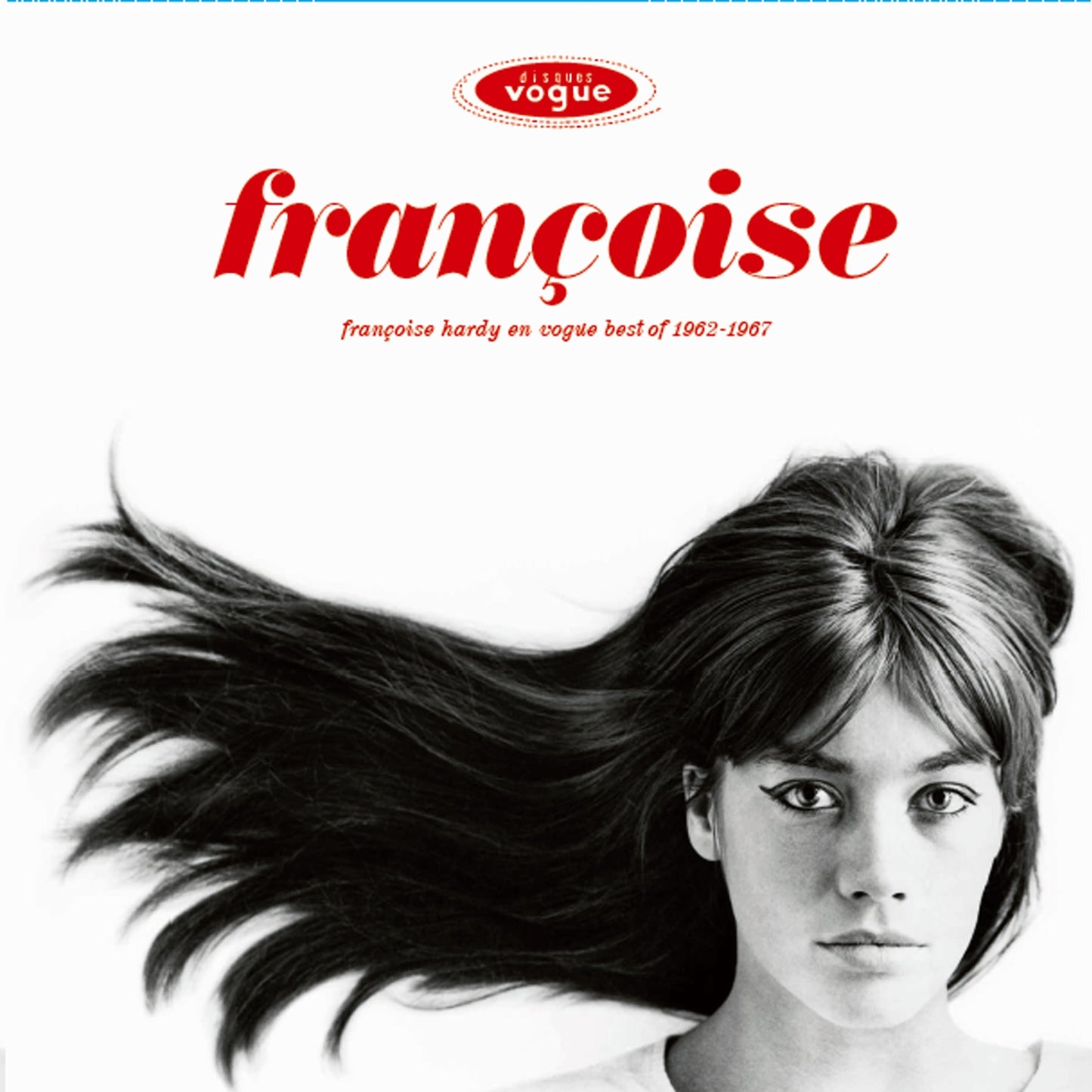 Françoise Hardy album cover, black and white portrait with flowing hair.