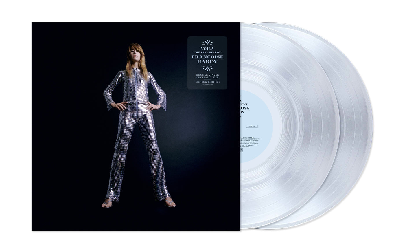 Françoise Hardy album cover: singer in silver sequined jumpsuit, dark background.