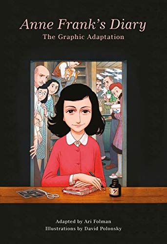 Book cover illustration of Anne Frank writing in her diary with people in background.