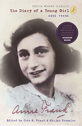 Book cover with black-and-white portrait of Anne Frank and a Puffin logo.