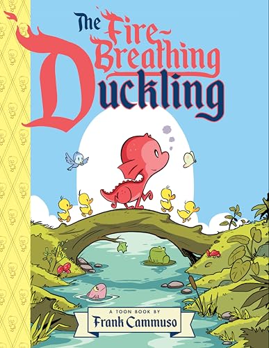 Red dragon-duckling with yellow chicks on a bridge over a stream.