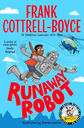 Boy riding a grey robot, pursued by a blue helicopter, book cover.