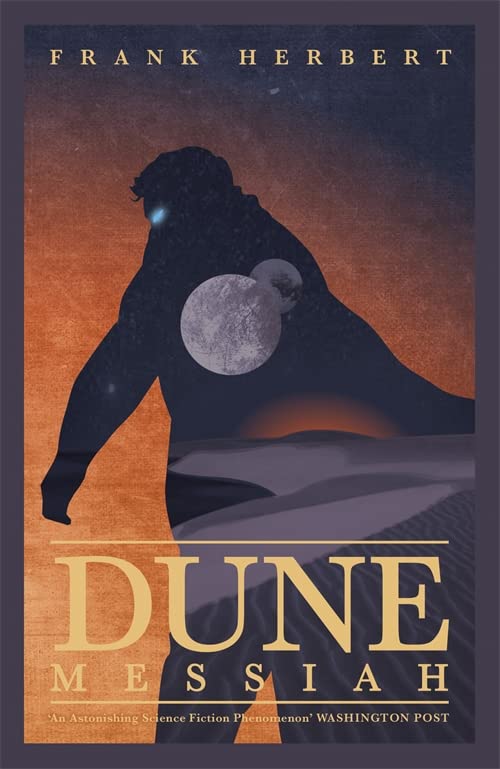 Book cover for “Dune Messiah” with a silhouetted figure and a large moon.