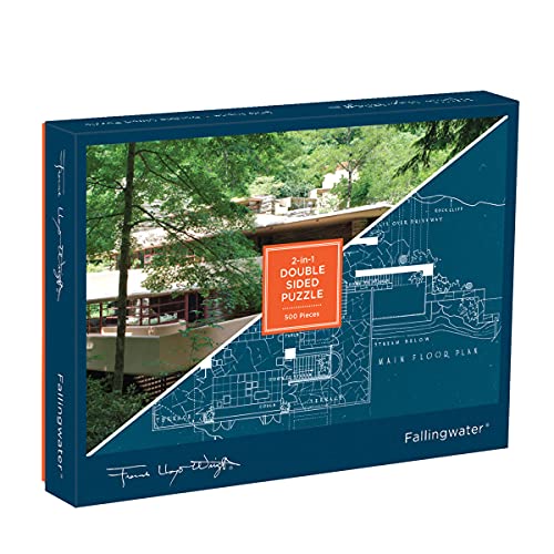 Puzzle box featuring Frank Lloyd Wright’s Fallingwater, with blueprint side.