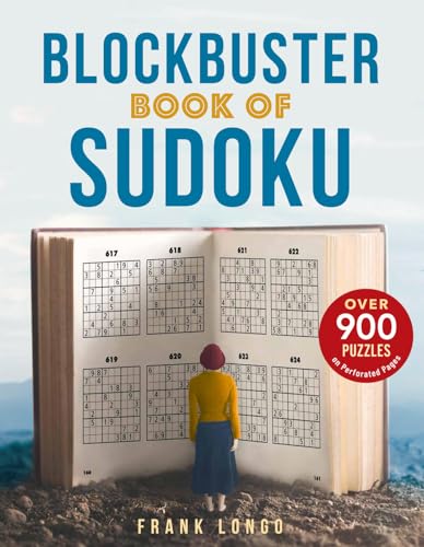 Sudoku puzzle book cover with an open book and woman viewing puzzles.
