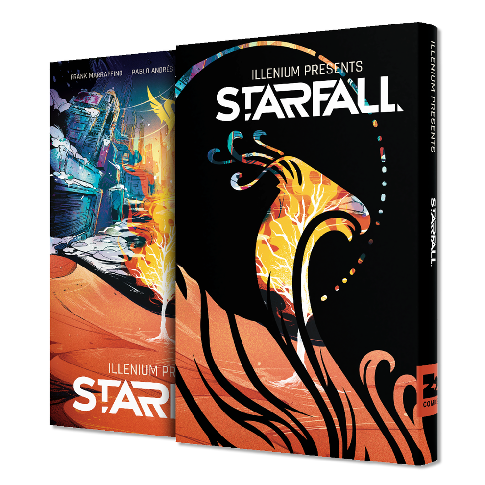 ILLENIUM’s “STARFALL Deluxe” album cover with golden dragon and city art.