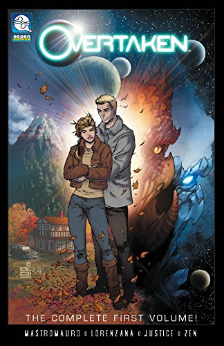 Comic book cover: couple with a dragon, mountains, and autumn leaves.