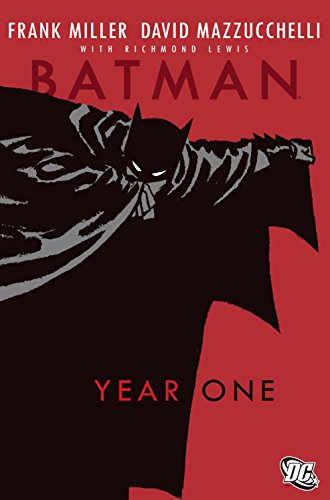 Red cover of "Batman: Year One" graphic novel with silhouetted Batman.