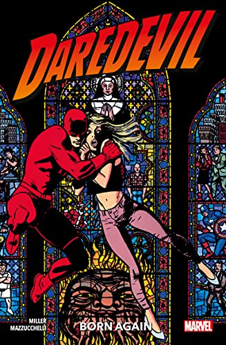 Daredevil in red costume holds a blonde woman before a colorful stained glass window.