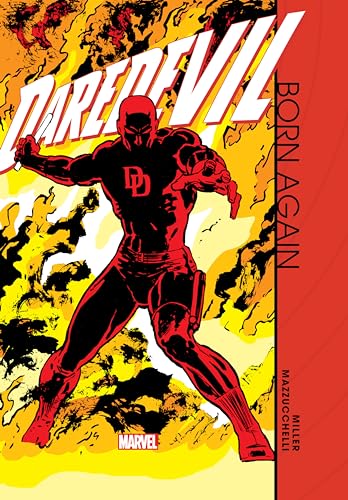 Daredevil in red suit, dynamic pose, against a fiery yellow and black background.
