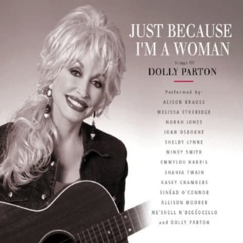 Black and white album cover featuring Dolly Parton holding a guitar with artist list.