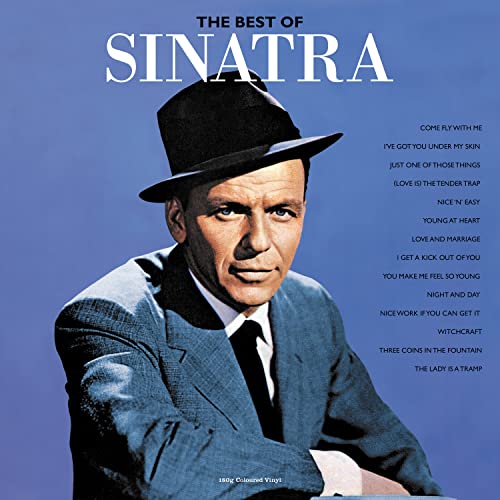 Frank Sinatra wearing a fedora on a blue album cover with a tracklist.