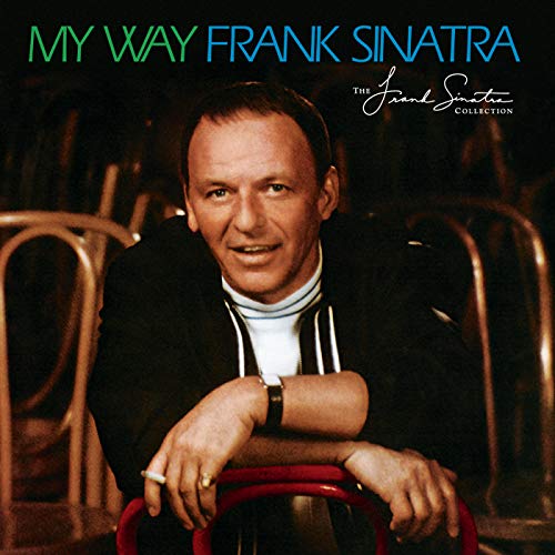Frank Sinatra portrait on album cover, dark suit, smiling, vintage style.