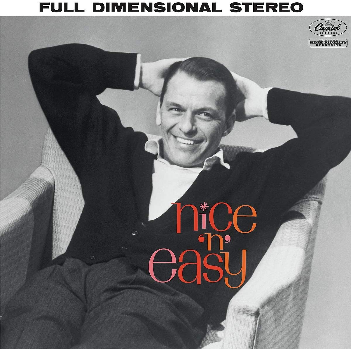 "Album cover featuring black and white photo of Frank Sinatra sitting in an armchair."