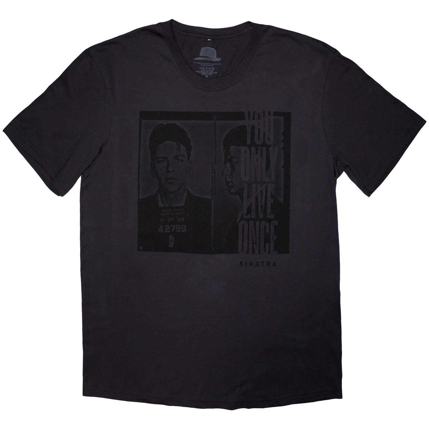 A black and white mugshot of Frank Sinatra printed on a grey unisex t-shirt.