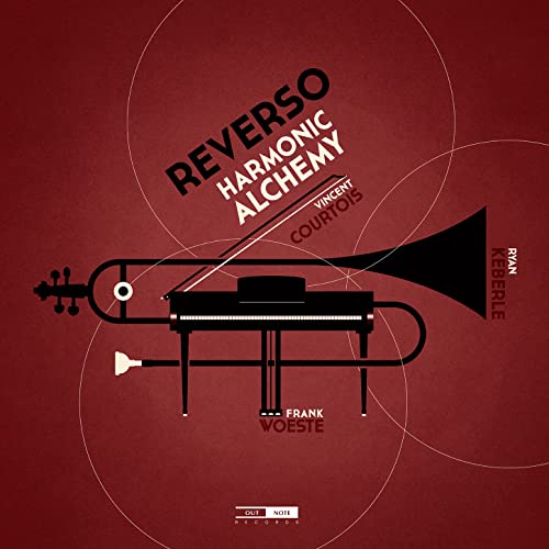 CD cover: trombone and piano hybrid, red background, white text.