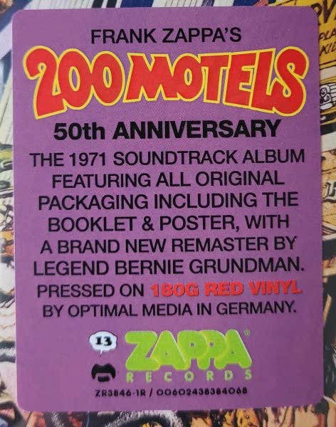 Frank Zappa’s “200 Motels” 50th Anniversary red vinyl record back cover.