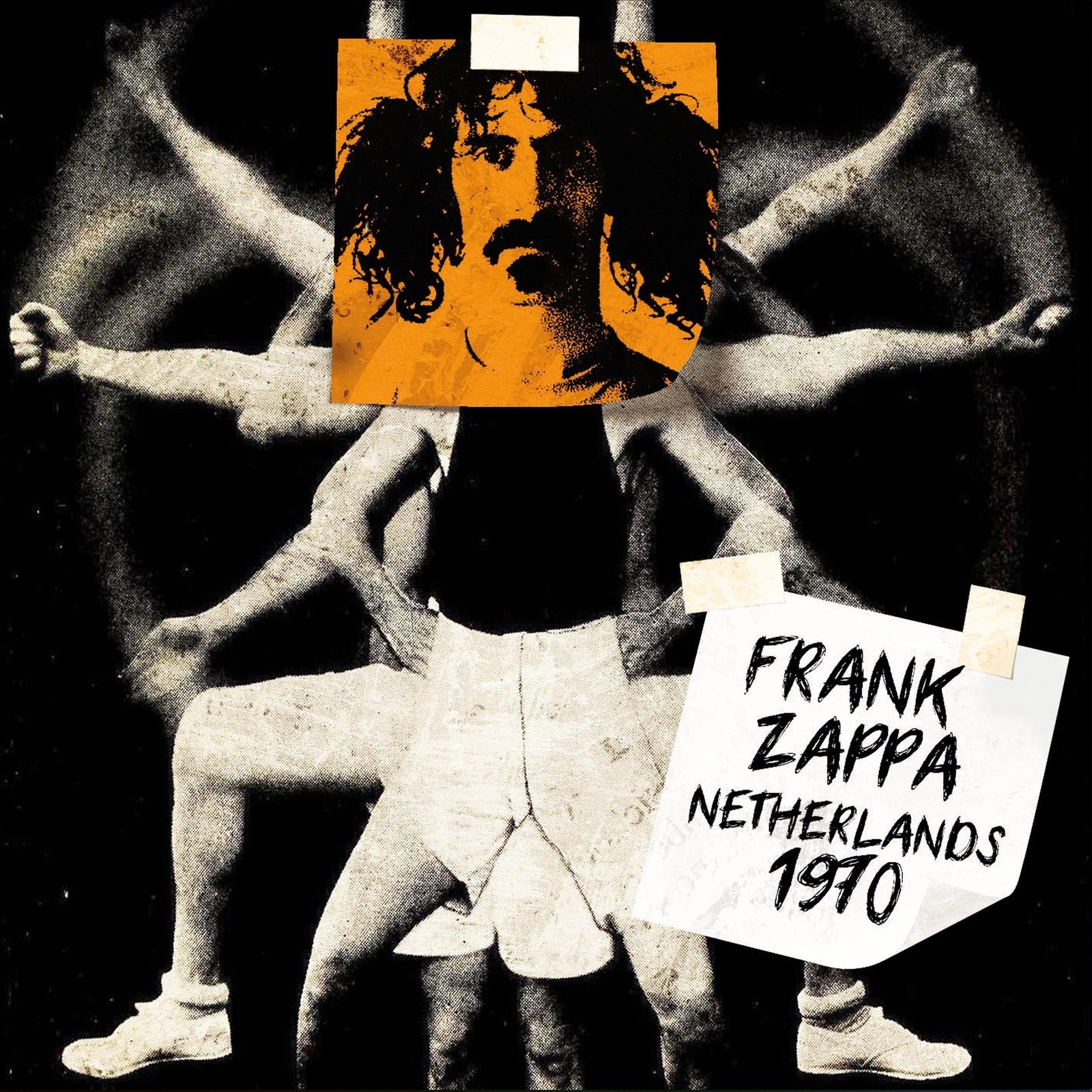 Frank Zappa album cover: black and white figures with orange portrait.