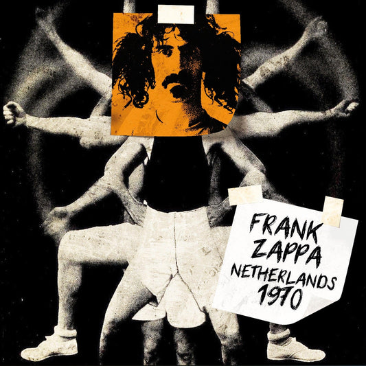 Frank Zappa album cover: black and white figures with orange portrait.