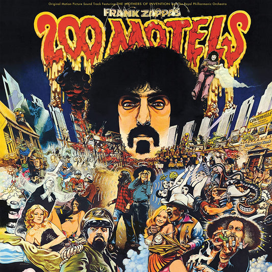Album cover for Frank Zappa’s “200 Motels” featuring a colorful, surreal illustration.