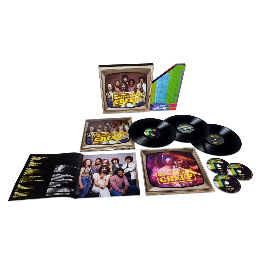 Frank Zappa vinyl album “Cheaper Than Cheep” with box set contents displayed.