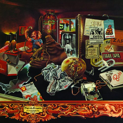 Surreal painting of a cluttered room featuring a two-headed man, suitcase, and various objects.