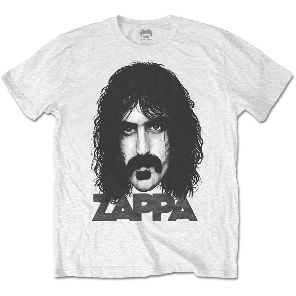 White t-shirt with a black and white portrait of Frank Zappa.