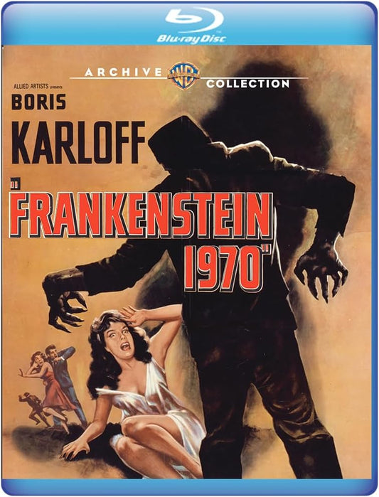 Blu-ray cover art for Frankenstein 1970 featuring a monster looming over a terrified woman.