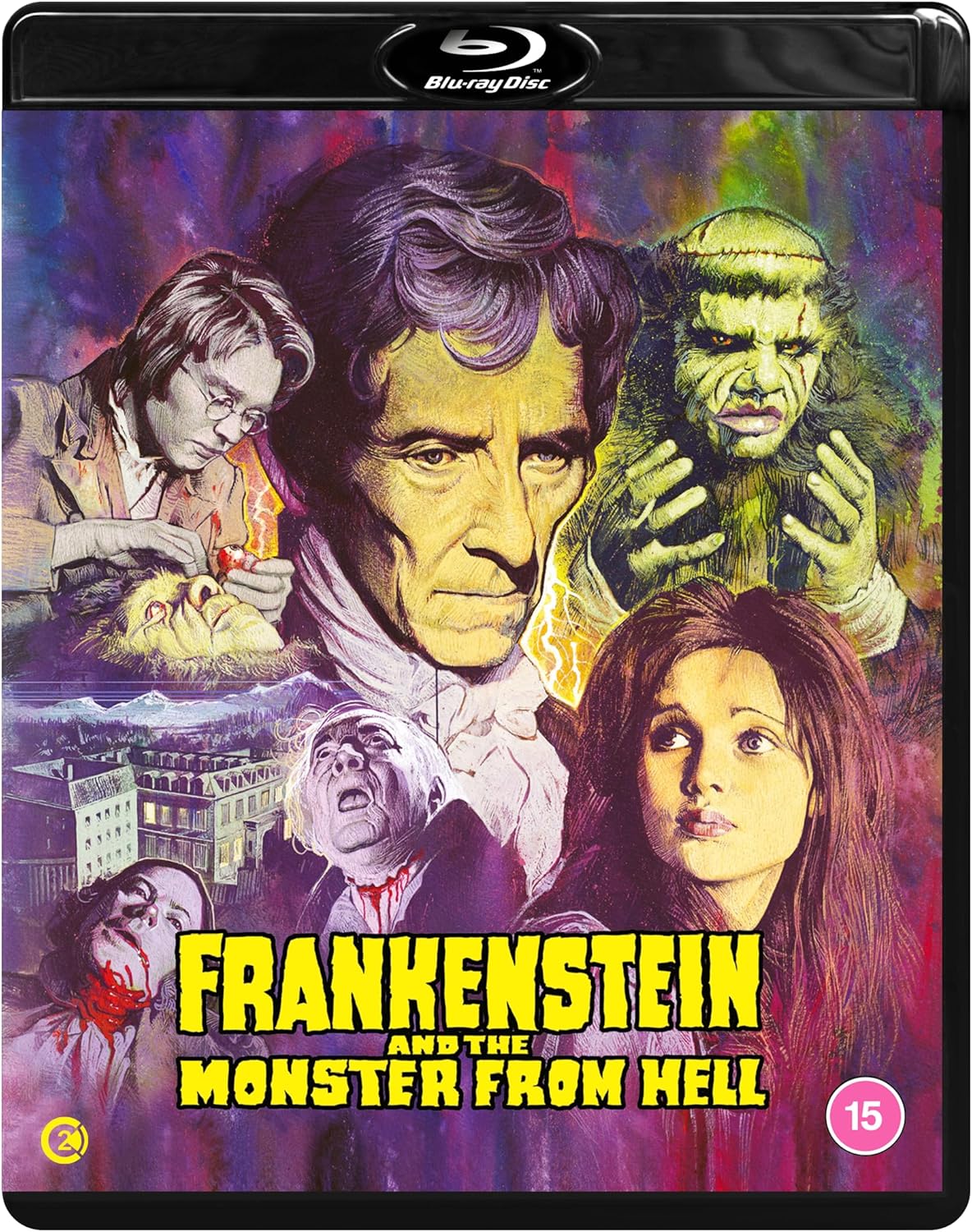 Blu-ray cover featuring Frankenstein, a monster, and distressed people.