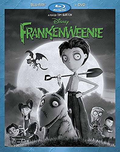 Frankenweenie Blu-ray cover featuring a boy and his reanimated dog in grayscale.