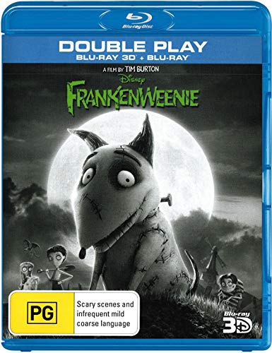 Frankenweenie Blu-ray cover featuring a stitched-together dog against a moonlit landscape.