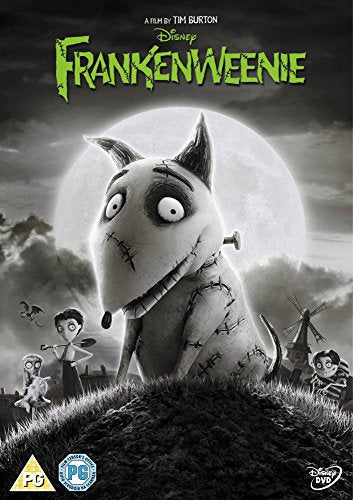 Frankenweenie" DVD cover featuring a stitched-together dog against a moonlit landscape.