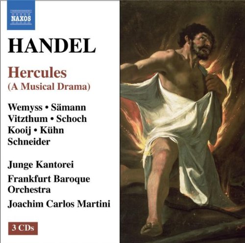 "CD cover with Hercules in flames, white cloth, and dark background, text on left side."