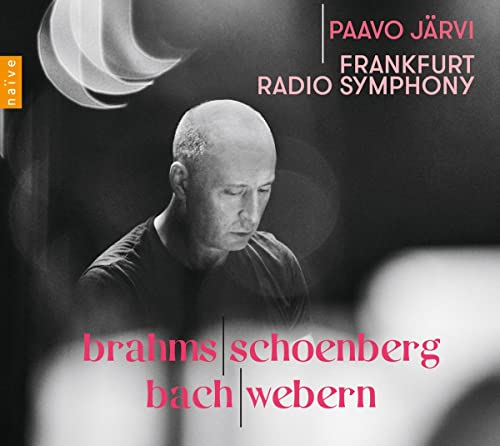 Black and white portrait of conductor Paavo Järvi with composer names in pink text.