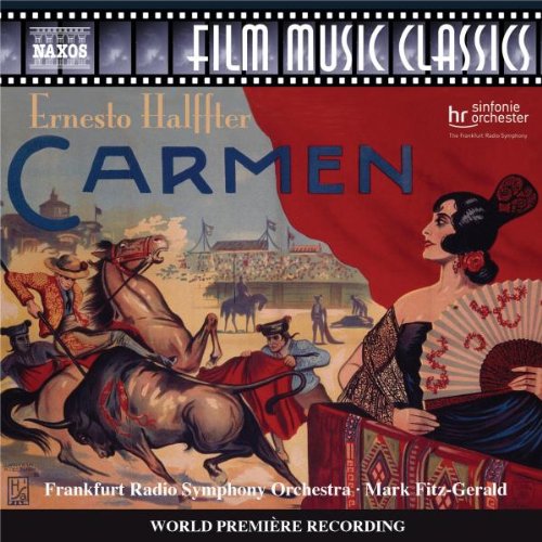 "CD cover with 'Carmen' title, illustration of woman and bullfight scene, red and blue background."
