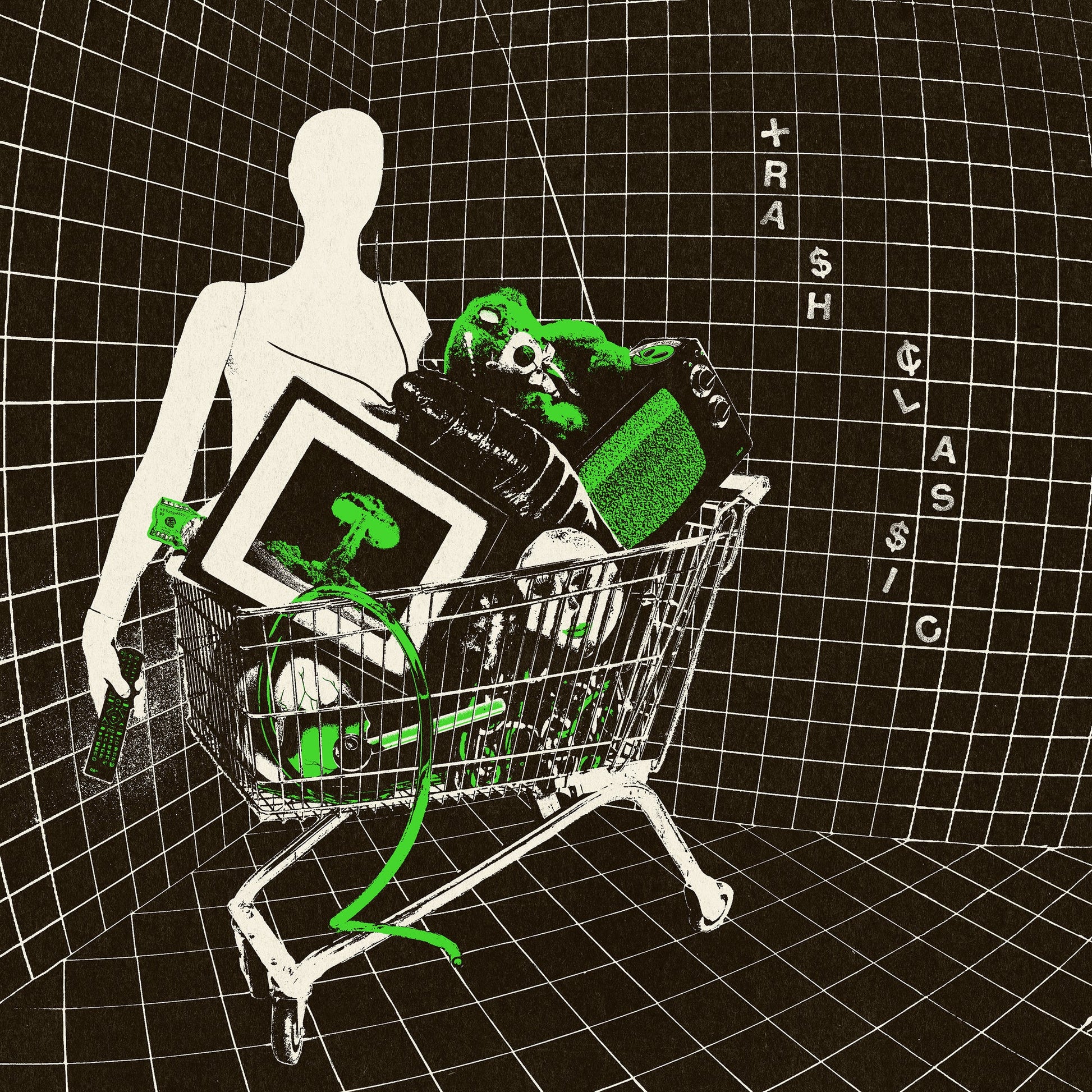 Figure with shopping cart full of electronics on a grid background.