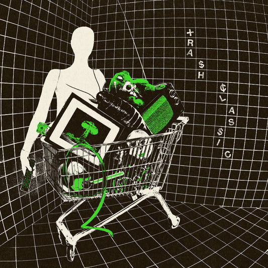Figure with shopping cart full of electronics on a grid background.