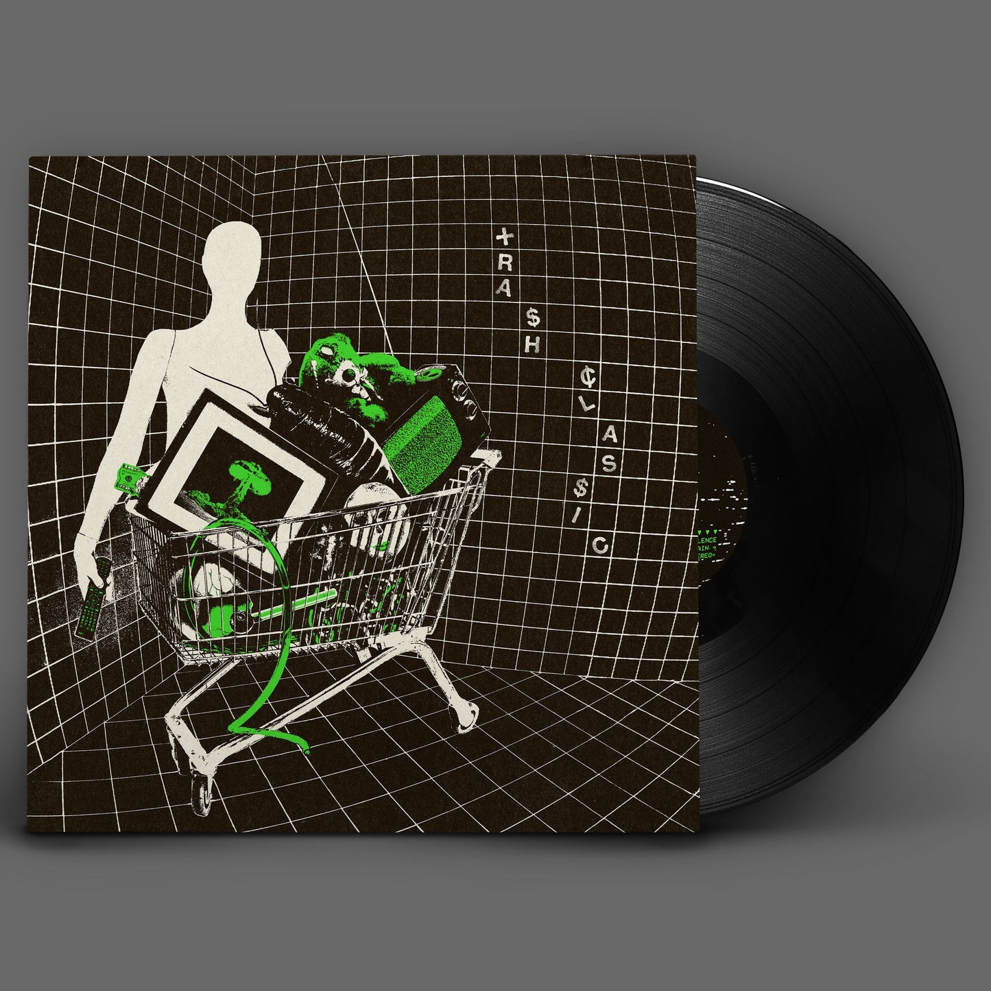 Vinyl record and cover art featuring a mannequin pushing a shopping cart of junk.