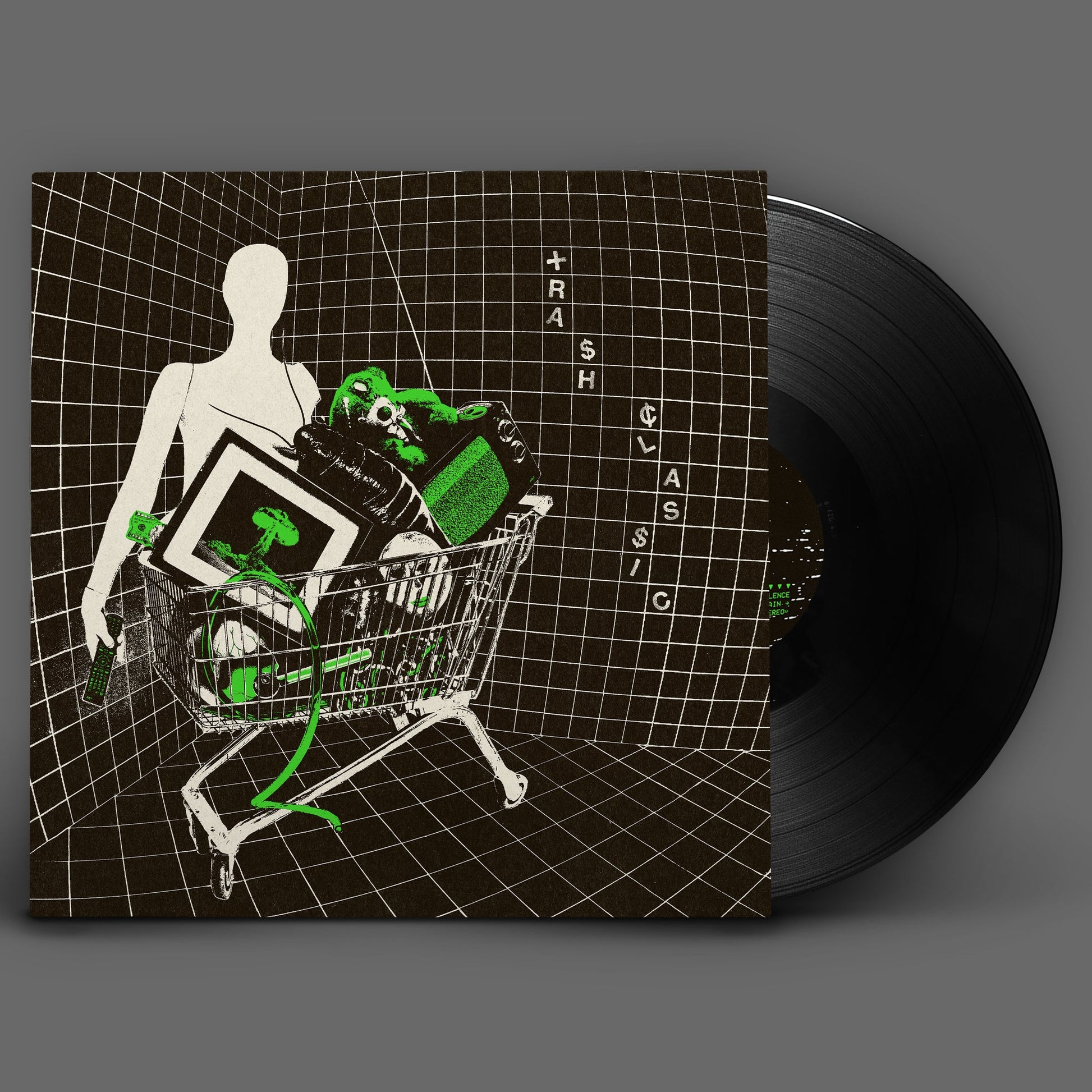 Vinyl record and cover art featuring a mannequin pushing a shopping cart of junk.