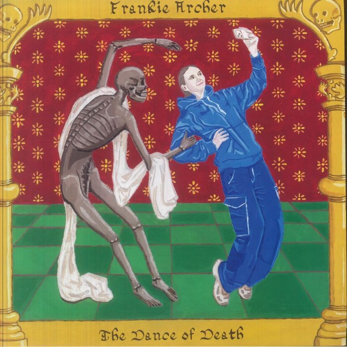Album cover: a person dances with a skeleton on a red floral background.