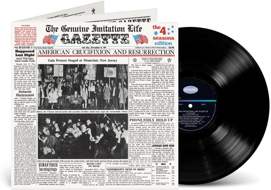 Newspaper-style vinyl record cover for Frankie Valli & The Four Seasons.